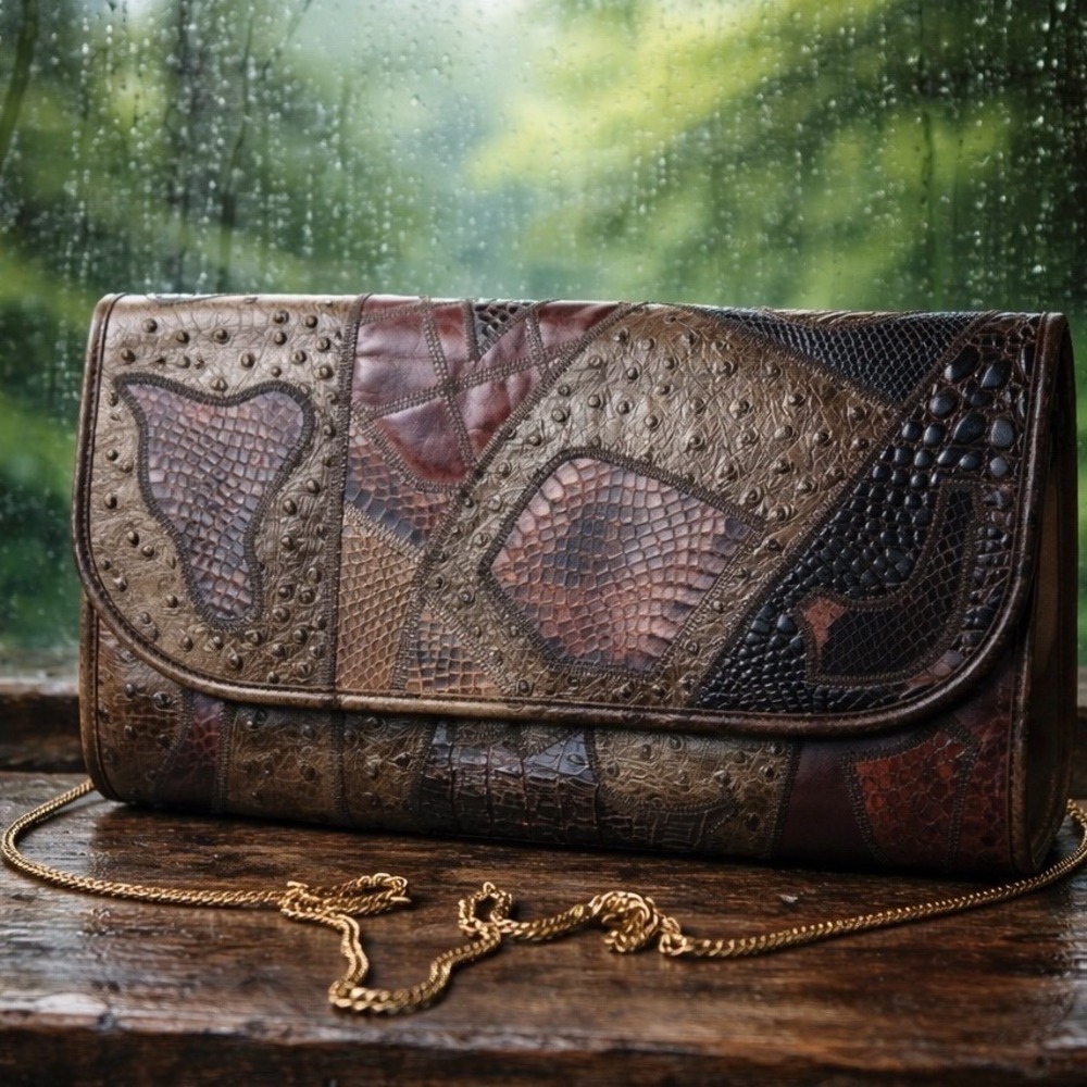 Vtg‎ Varon Patchwork Exotic Leather Bag Clutch Ostrich Lizard Brown Gold Chain